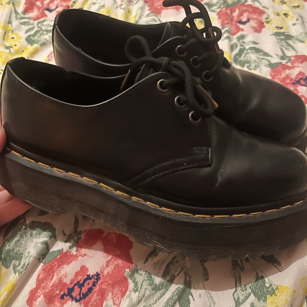 Dr. Martens Black Leather Platform Oxfords with Yellow Stitching